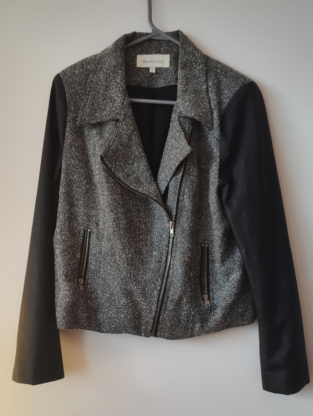 daniel rainn Black and Gray Herringbone Moto-Style Jacket